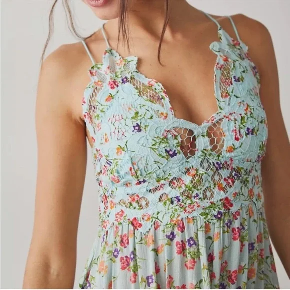 Free People One Adella Asymmetrical Slip Lace Ruffle Flowy Dress in Blue sz Med - Picture 3 of 12